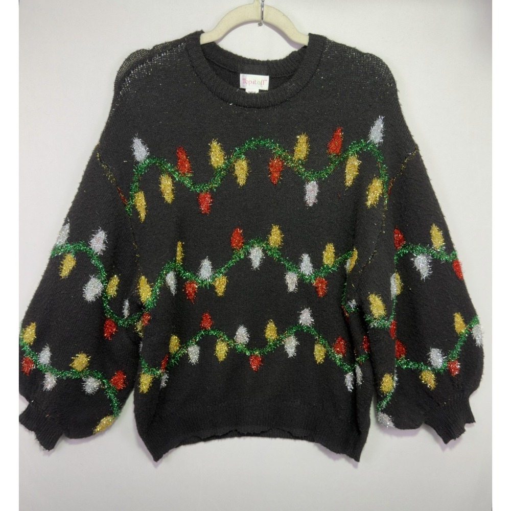 Top It Off Christmas Sweater Womens S Black Tinsel Lights Oversized Holiday Ugly